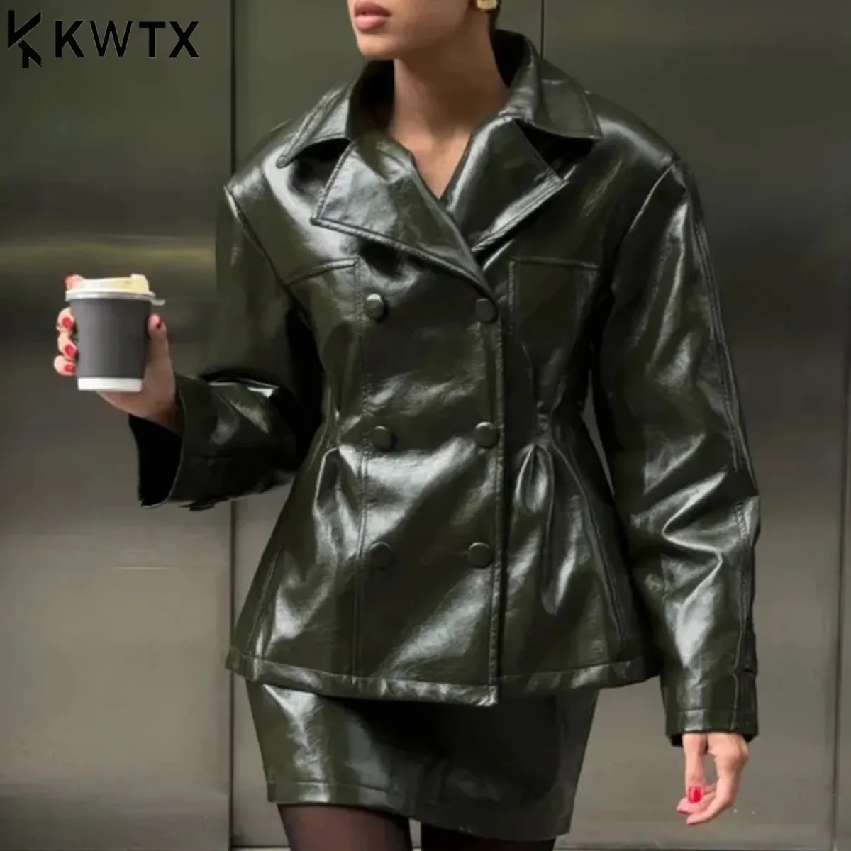 

KWTX 2026 Trendy Women's Dark Green Faux Leather Suit Set, Double-Breasted Blazer & Mini Skirt, Elegant Edgy Style Office