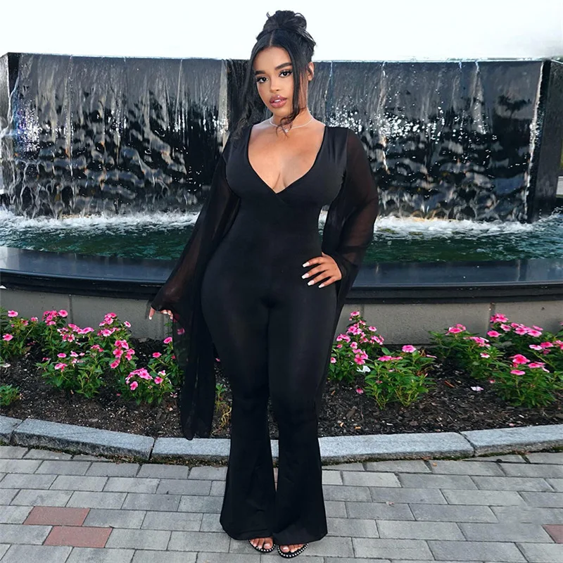 

New Women's Clothing Sexy V-neck Low-cut Backless Big Hem Long Mesh Sleeve Long Jumpsuit Jump Suits Plus Size 3XS-3XL