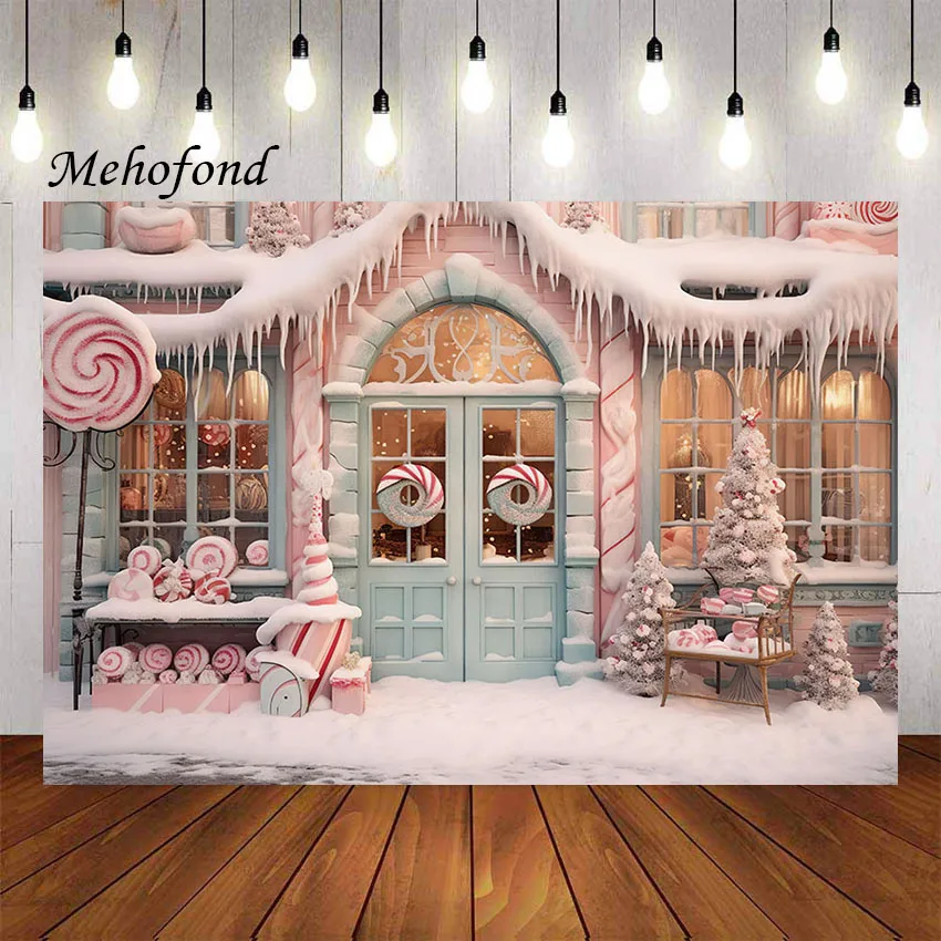 

Mehofond Photography Background Winter Christmas Pink Candy Shop Lollipop Window Kid Family Portrait Decor Backdrop Photo Studio