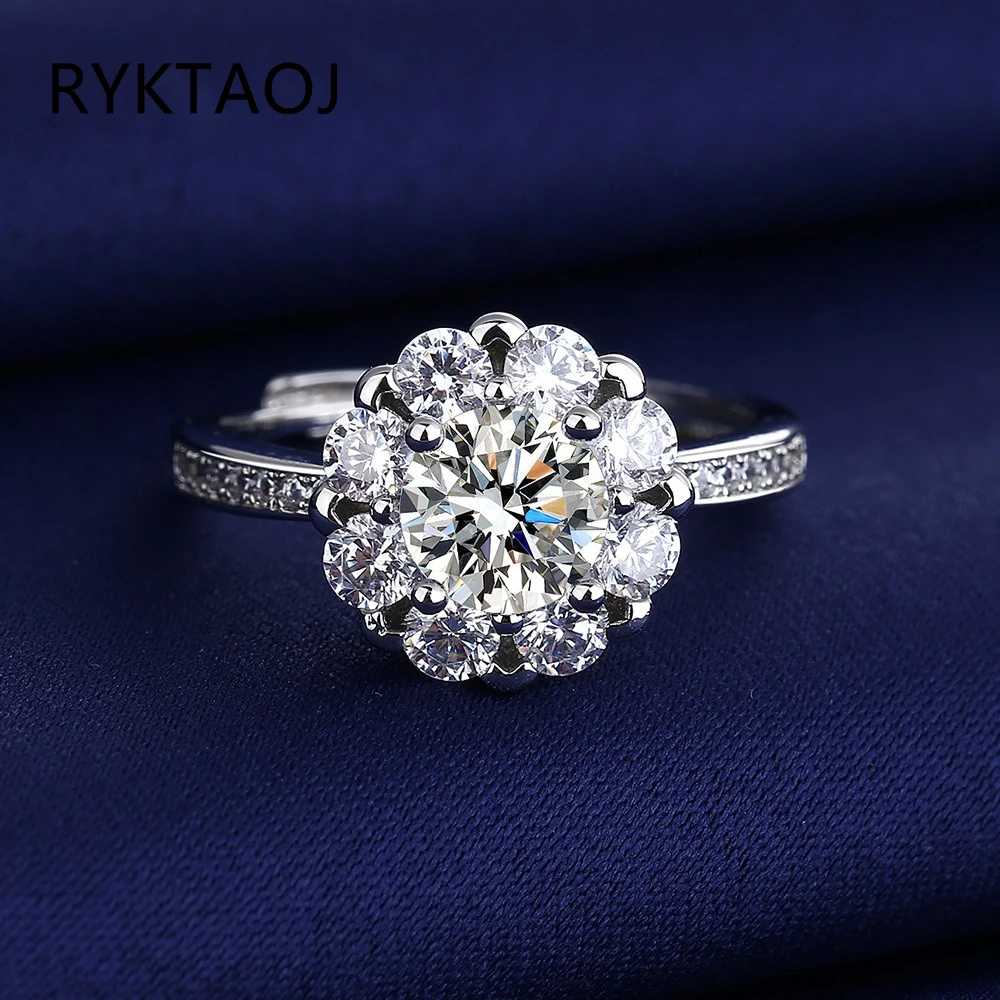 925 Sterling Silver Adjustable Moissanite Ring for Women Round Brilliant Halo Ring Pave Side Stone Wedding Band Jewelry Gift