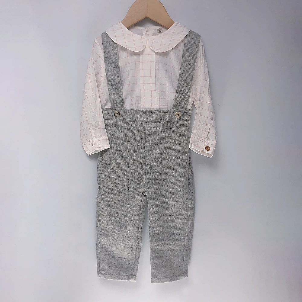 Boy Grey Wool Strap Trousers Set  Cotton White Plaid Shirt Long Sleeves Winter British Birthday Eid Clothes Children Boutique