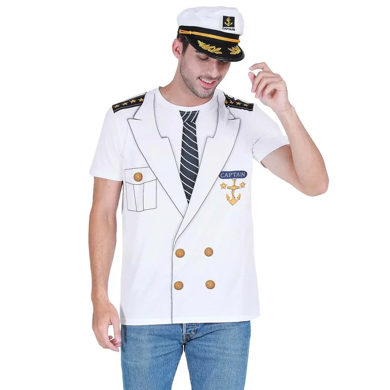 Sky02 camiseta masculina capitão, fantasia de festa de marinheiro, uniforme gráfico de iate, manga curta, estampa 3d, top rock, concerto, carnaval, hall88li