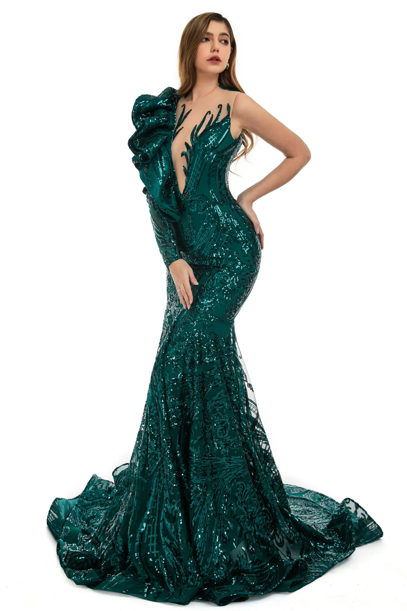 Dark Green One Shoulder Evening Dress Mermaid Long Sexy Sequined Black Girl Prom Dress For Wedding Party Pageant Celebrity Gown