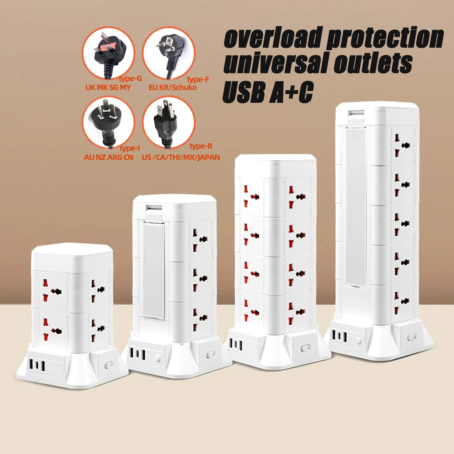 

FUNAYA Universal Tower Power with Multiple EU UK US AU Plugs USB-A C Extension Cable Electric Outlets with Surge Protector
