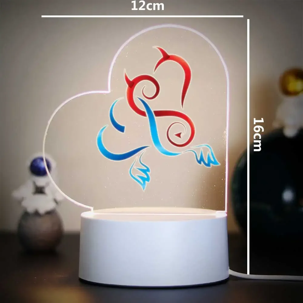 Heart Shaped Acrylic 3D Night Light Devil Angel Pattern USB Desk Lamp Bedroom Decor Lamp