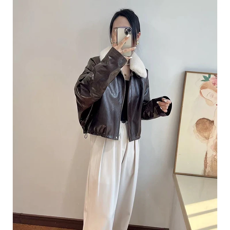 سترة جلدية حقيقية جديد الشتاء النساء الخضار دباغة النفط الشمع جلد الغنم الرباط فرو المنك طوق القهوة قصيرة أوزة أسفل معطف #5