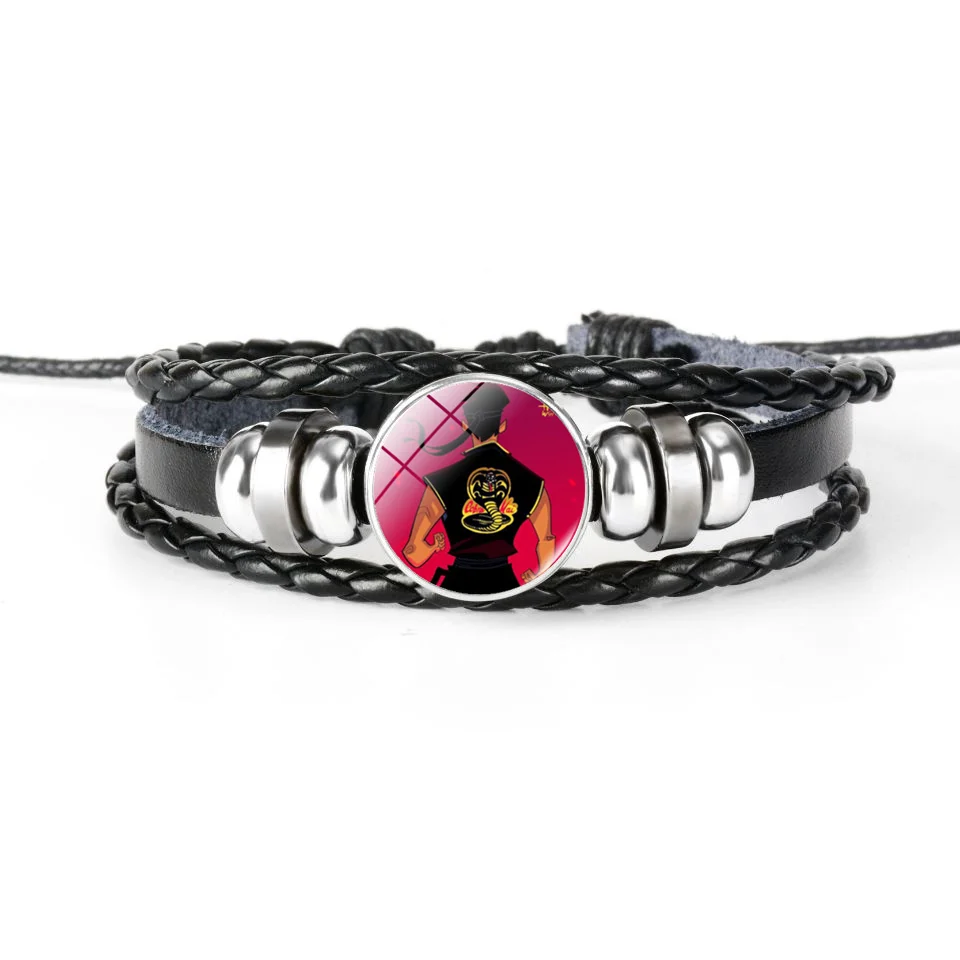 Animation Cobra Kai Leather Bracelet Karate Movie Glass Snap Buckle Jewelry Multilayer Retro Handwoven Bracelet Men Cosplay Gift