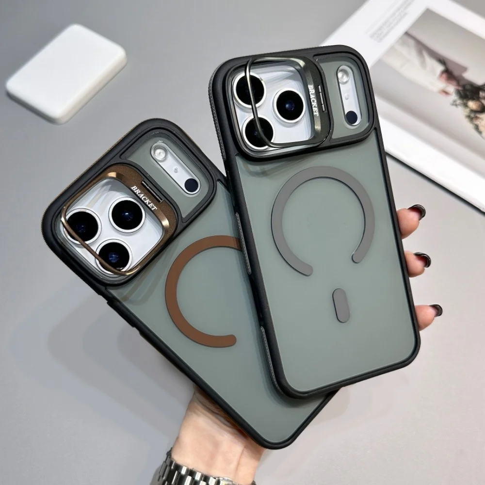 Clear For Magsafe Lens Folding Stand Magnetic Phone Case For iPhone 17 16 15 14 13 12 11 Pro Max Air Non-Slip Frame Acrylic Cap