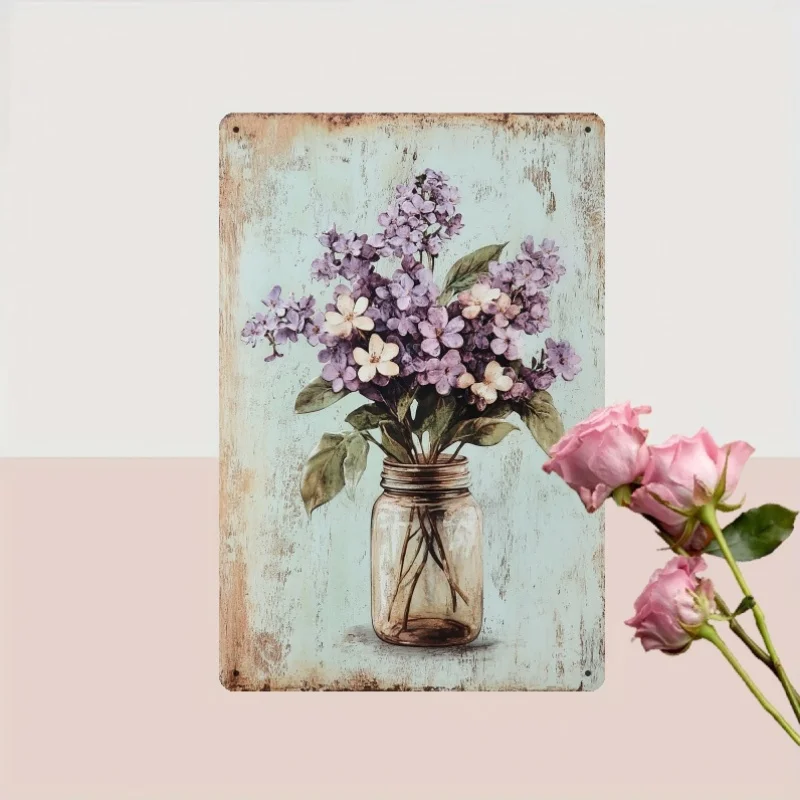 Room Decor 1pc Vintage Floral Iron Sign, Rustic Lilac and Daisy in Mason Jar Art,  Inch Wall Decor for Bedroom, Dining Room,