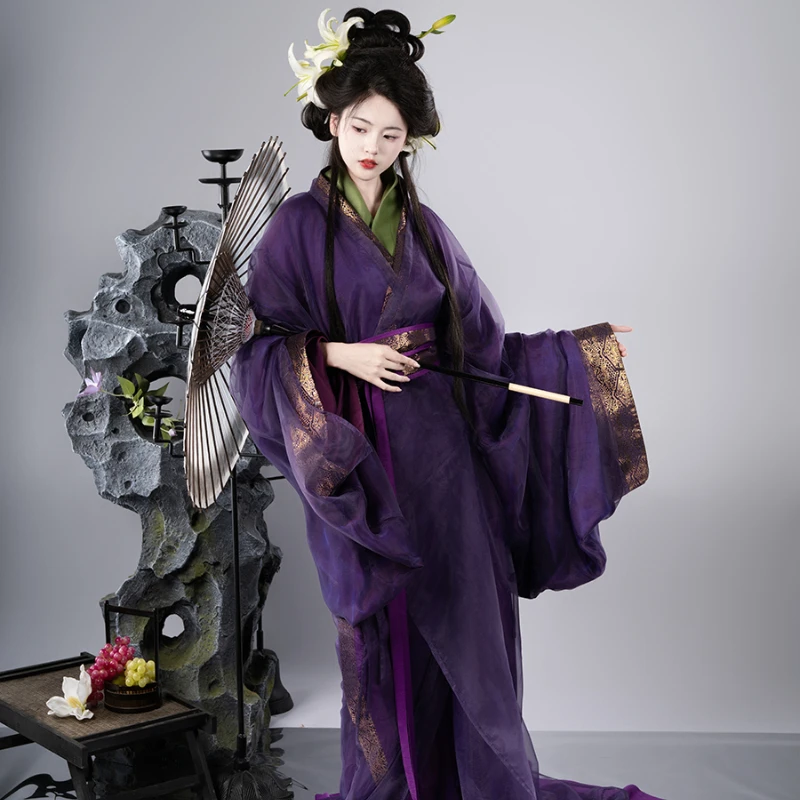 Hanfu Warring States Robe Restoration Purple-green Brocade Double Layer Spring, Autumn and Winter Daily Photography