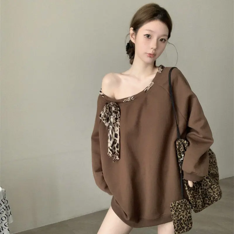 Leopard Stripe Lace Up Loose Hoodies Spring Autumn New Long Sleeve Solid Color Trend Pullovers Top Fashion Casual Women Clothing