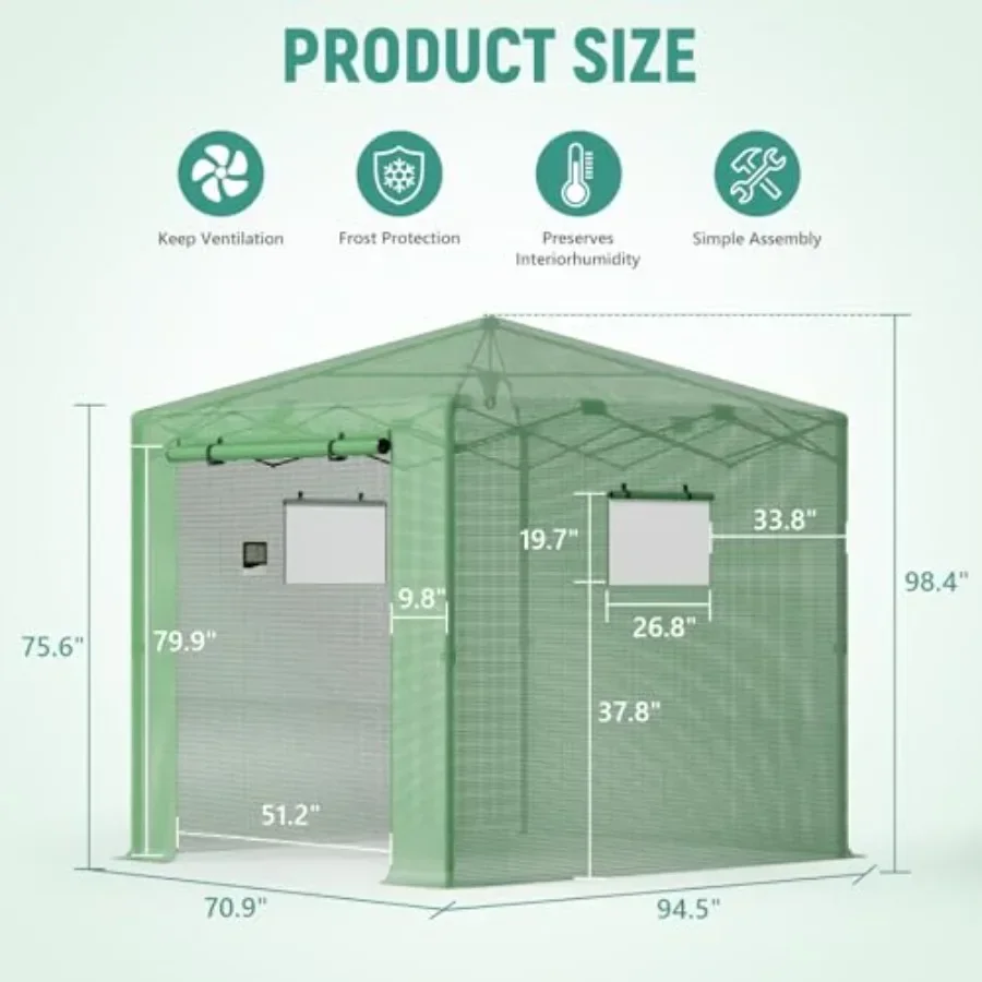 Feet Walk‑in Green House for Outdoors, Pop‑up Portable Greenhouse with Roll‑Up Door and Mesh Windows, Easy Setup Outdoor Plant