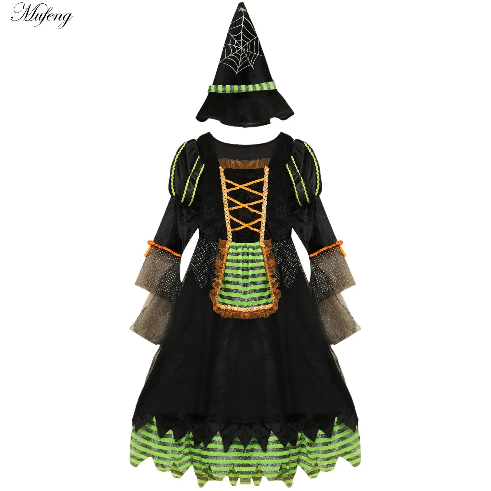 Girls Witch Cosplay Costume Long Sleeve Shiny Sequins Stripes Print Dress with Witch Hats for Halloween Trick Or Treat Dress Up