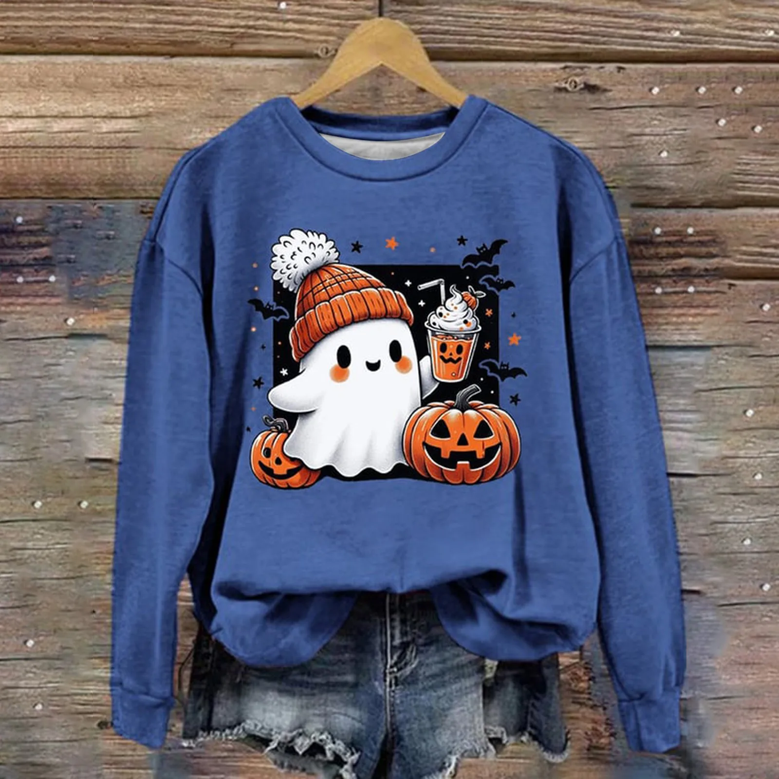 Sudadera con capucha con estampado de calabaza fantasma para mujer, Sudadera con cuello redondo, manga larga, informal, cálido, cómodo