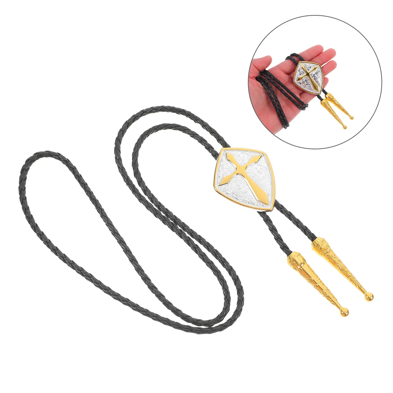Cross Bolo Tie Necklace Adjustable Western Cowboy Style Vintage Zinc Alloy Pendant Braided Cord for Shirts Suits Parties Bridal