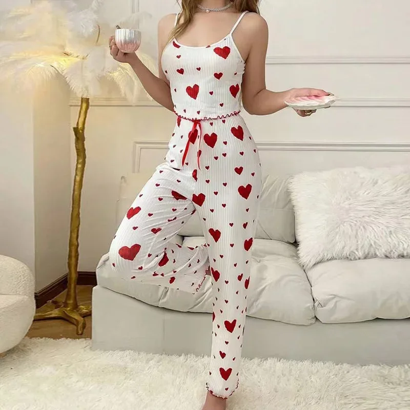 Autumn Winter Pajamas Sets for Women Sleepwear Heart Print Sleeveless Cami Vest with Long Pants Trouser Set Sexy Pyjamas