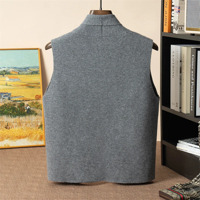 Autumn&Winter 100% Cashmere Sleeveless V-neck Cardigan Men's Olive Neck Knitted Cardigan Warm Business Casual Jacket Jacket