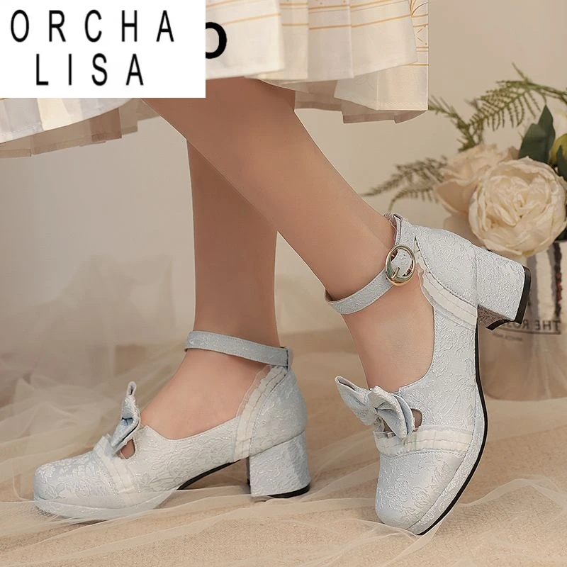 

ORCHA LISA 2025 Новый дизайн Женские туфли-лодочки в стиле Лолиты с круглым носком и блочным каблуком с пряжкой и ремешком и бантом 31 32 33 42 43 Милые туфли для девочек