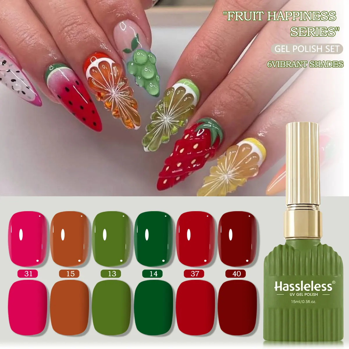 Hassleless 6-Color Summer Fruit Paradise Gel Nail Polish Set. Removable UV/LED gel polish, highly saturated, designed for nail