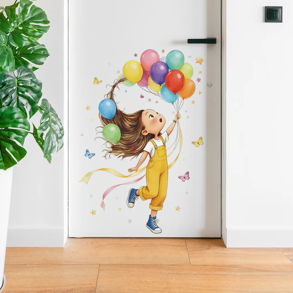 Cartoon little girl balloon butterfly bedroom study door sticker home decoration decorative sticker self-adhesive