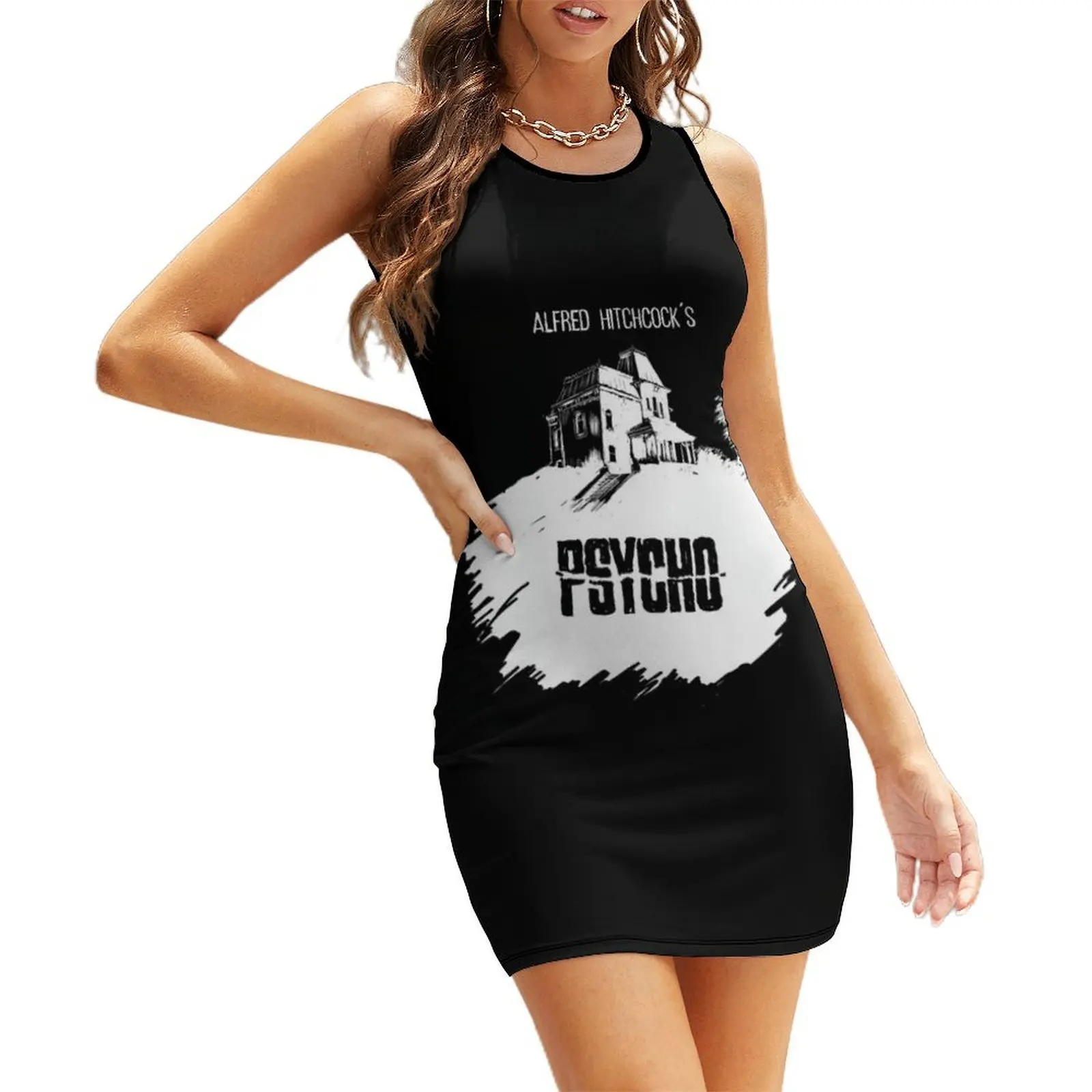 Psycho d'Alfred Hitchcock par Burro! (version t-shirt noir) Robes d'été sans manches pour femme