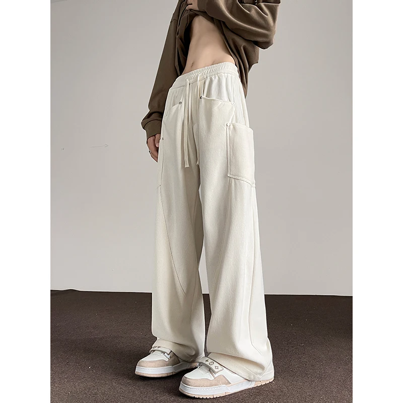 Autumn Beige Pants Men Fashion Retro Pocket Cargo Pants Men Japanese Streetwear Hip-hop Loose Wide Leg Pants Mens Trousers