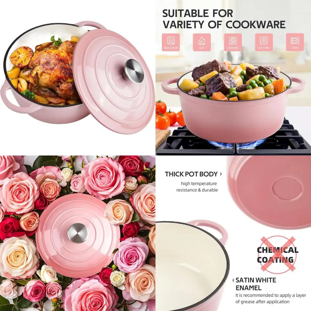 

Чугунная эмалированная кастрюля-казан на 6 кварт с крышкой — двойные ручки — для использования в духовке до 500 градусов ° Универсальная кастрюля, розовая