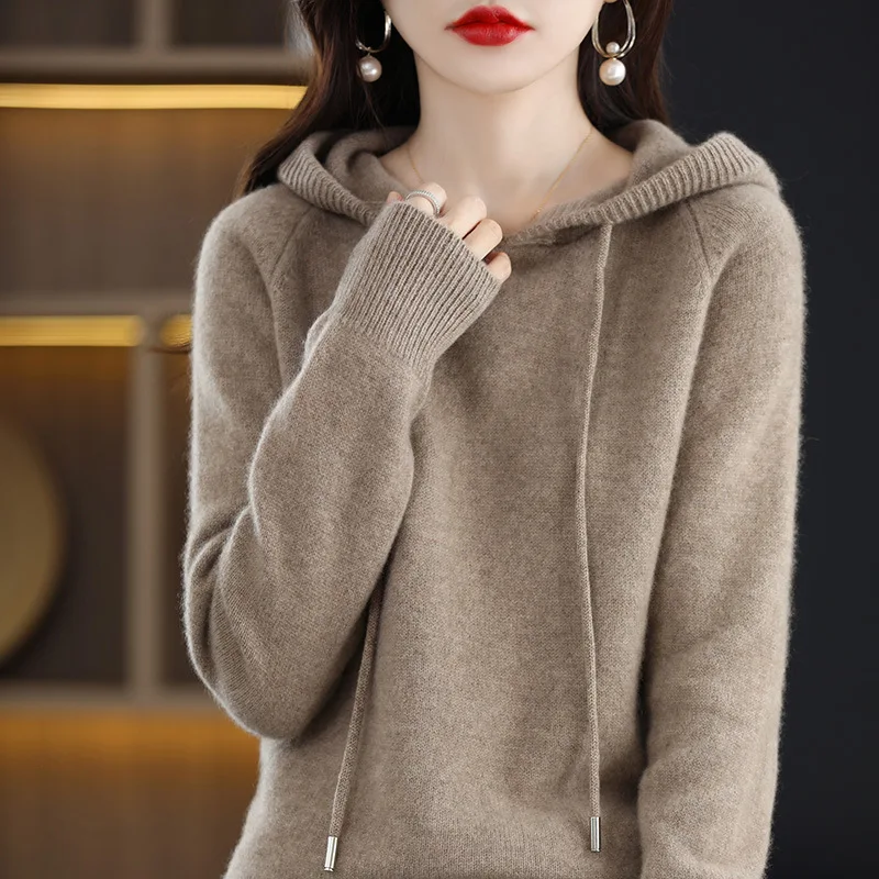 Women Warm Wool Hooded Pullover Sweaters Autumn Winter Solid Color Jumper Korean Fashion Cashmere Knitted Hooded Tops