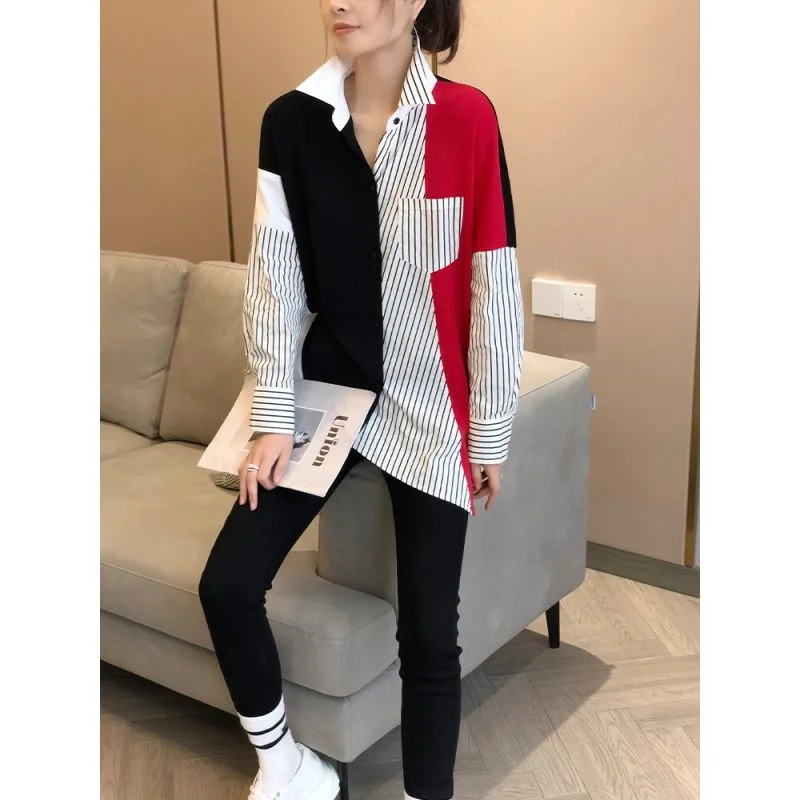 Women Fashion Stitching Western Style Design Shirt Spring Autumn 2023New Contrasting Color Splicing Stand-up Collar Stripe Shirt