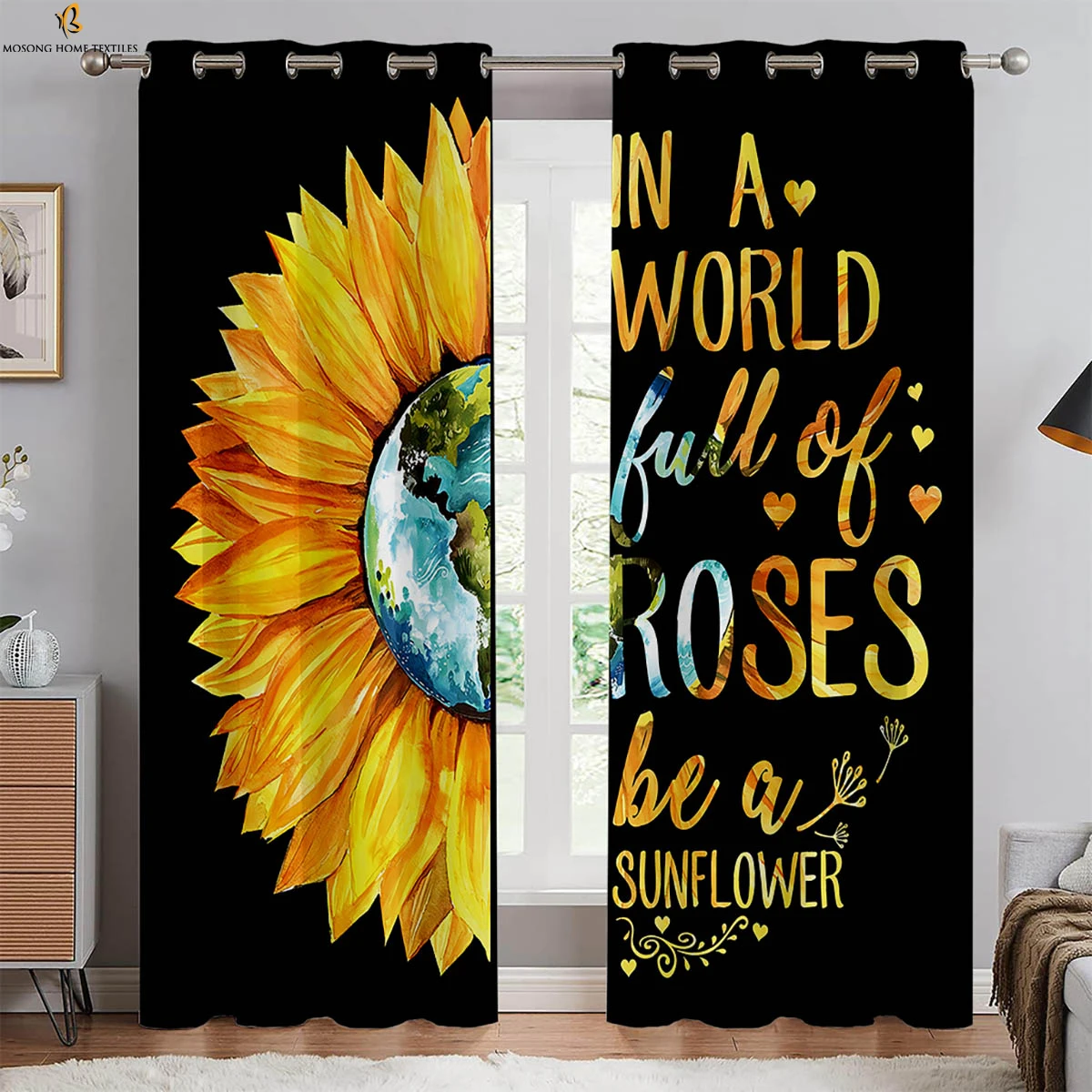 

Black Retro Sunflower Floral Alphabet Print Curtains Bedroom Living Room Kitchen Window Decoration Curtains 2 Pieces