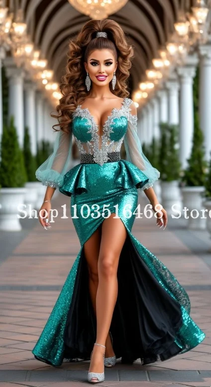 ชุดราตรีสีเขียวแบบสั่งตัด แต่งลูกไม้ซีทรู คอร์เซ็ท ชายกระโปรงตัดเลเซอร์แบบไม่สมมาตร สำหรับงานพิธีการ งานเลี้ยง งานแต่งงาน