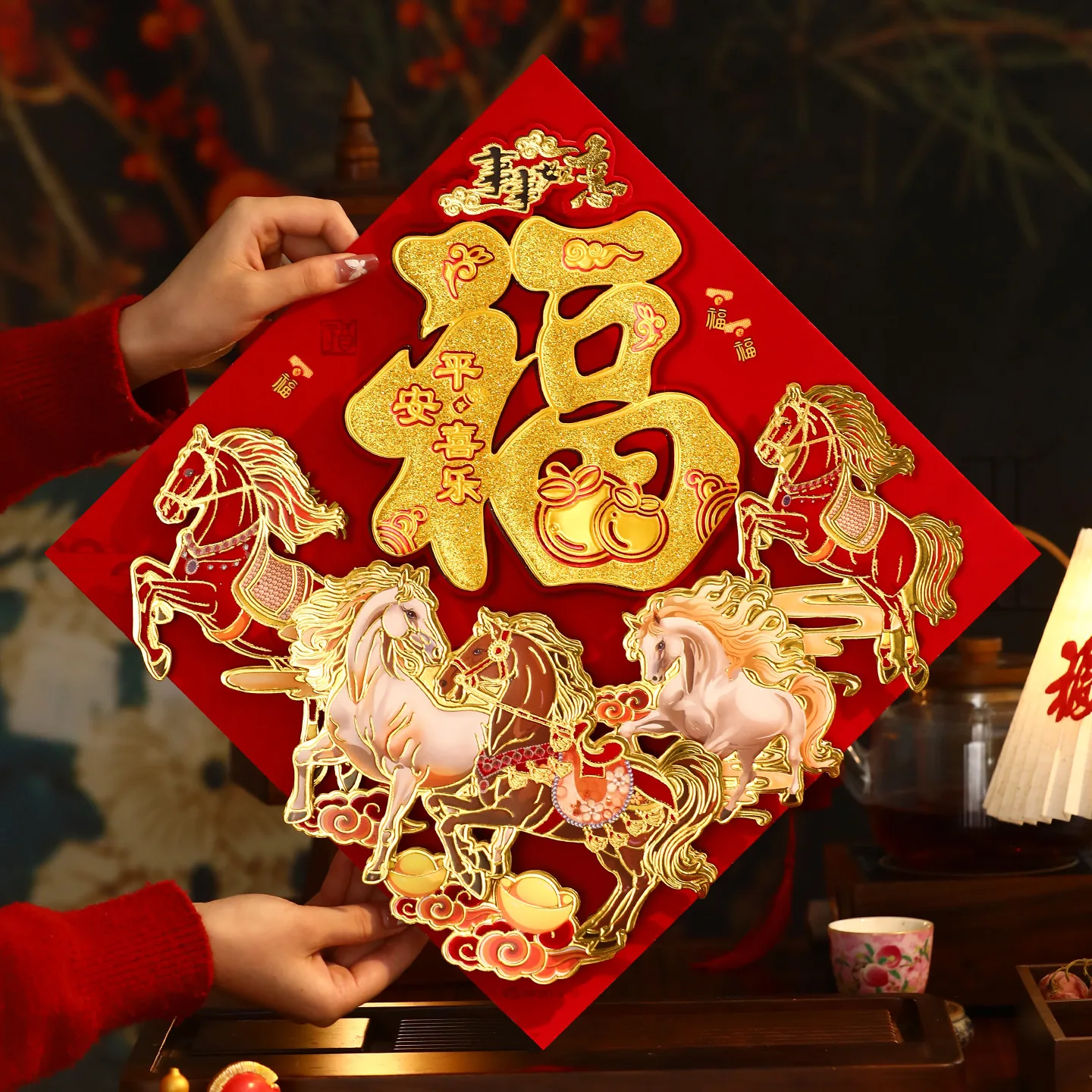 

2026 Year of the Horse Fuzzy Stickers New Year's Spring Festival three-dimensional Fuzzy Door Stickers Flocking New Year's Decor