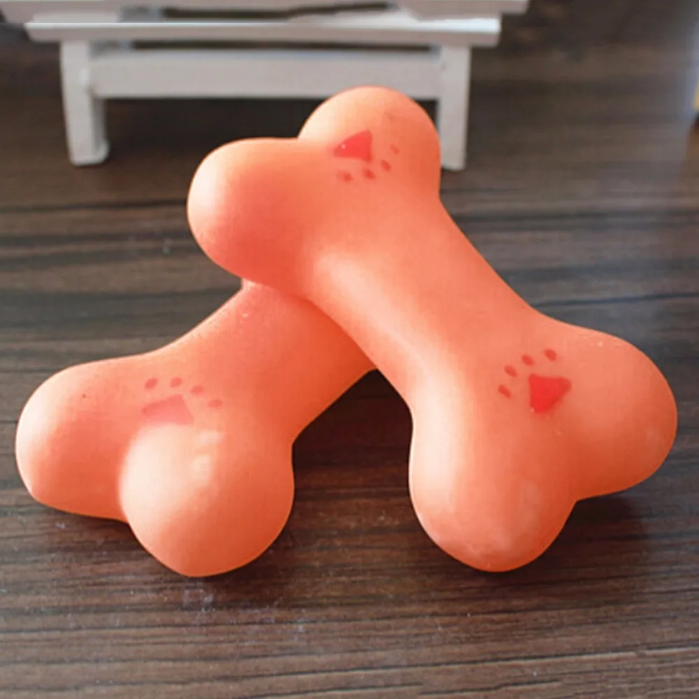 Mini Mooie Hond Puppy Kat Kauwen Kauwen Soft Kleine Rubber Bone Piepend Piepend Geluid Spelen Speelgoed Oranje 1 Pcs