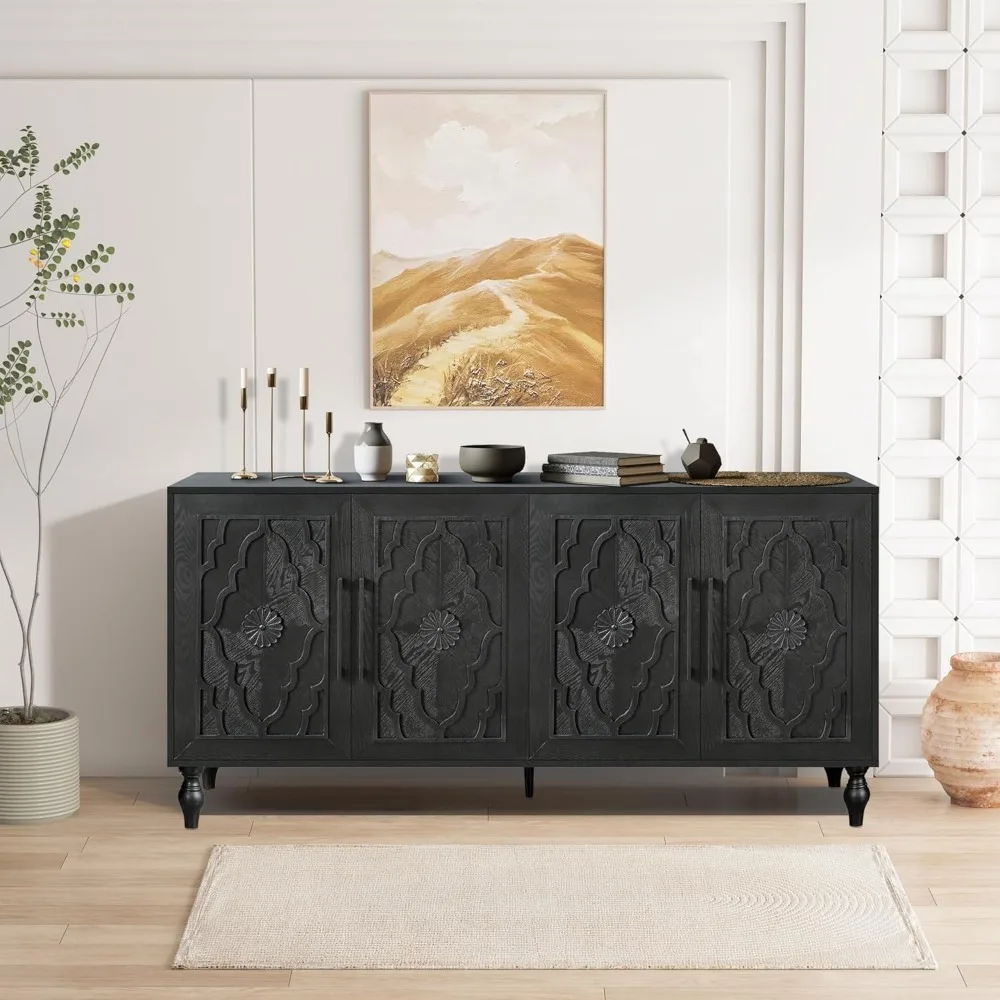 

63” Retro Sideboard Buffet Cabinet, Carved Flower Door with Metal Handle - Large Storage Cabinet for Living Room, Entryway