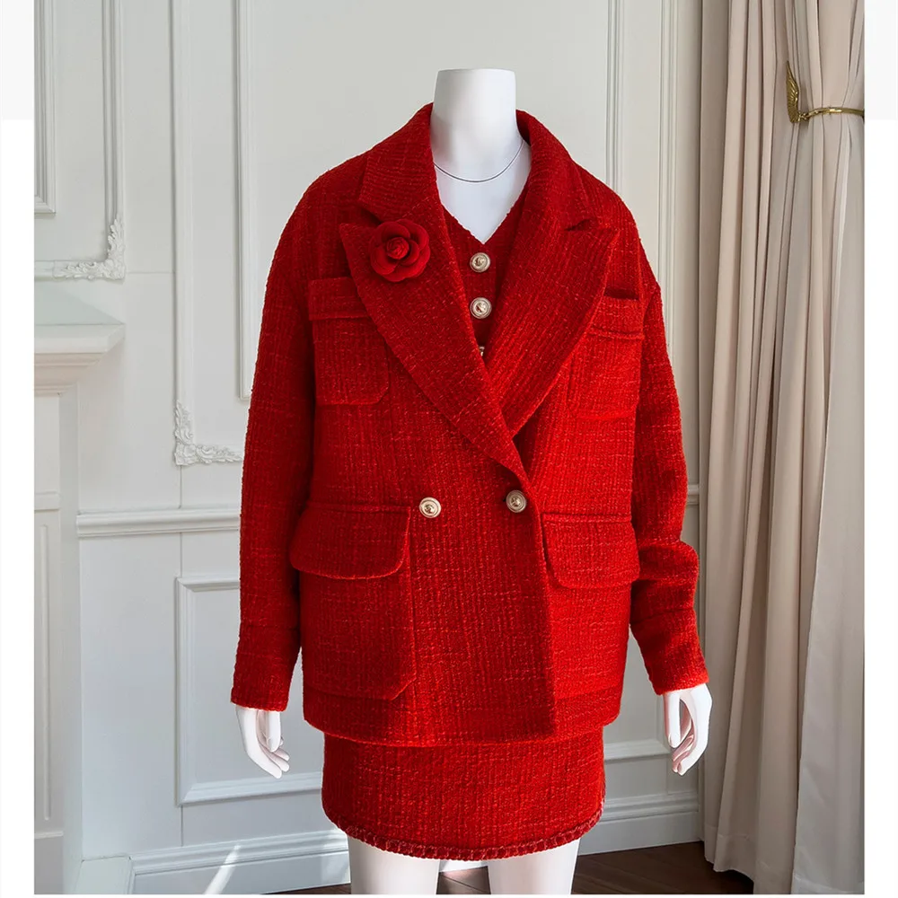 

2022 Autumn Winter Elegant Women High Quality Red-color 70%Wool Tweed Coat C531