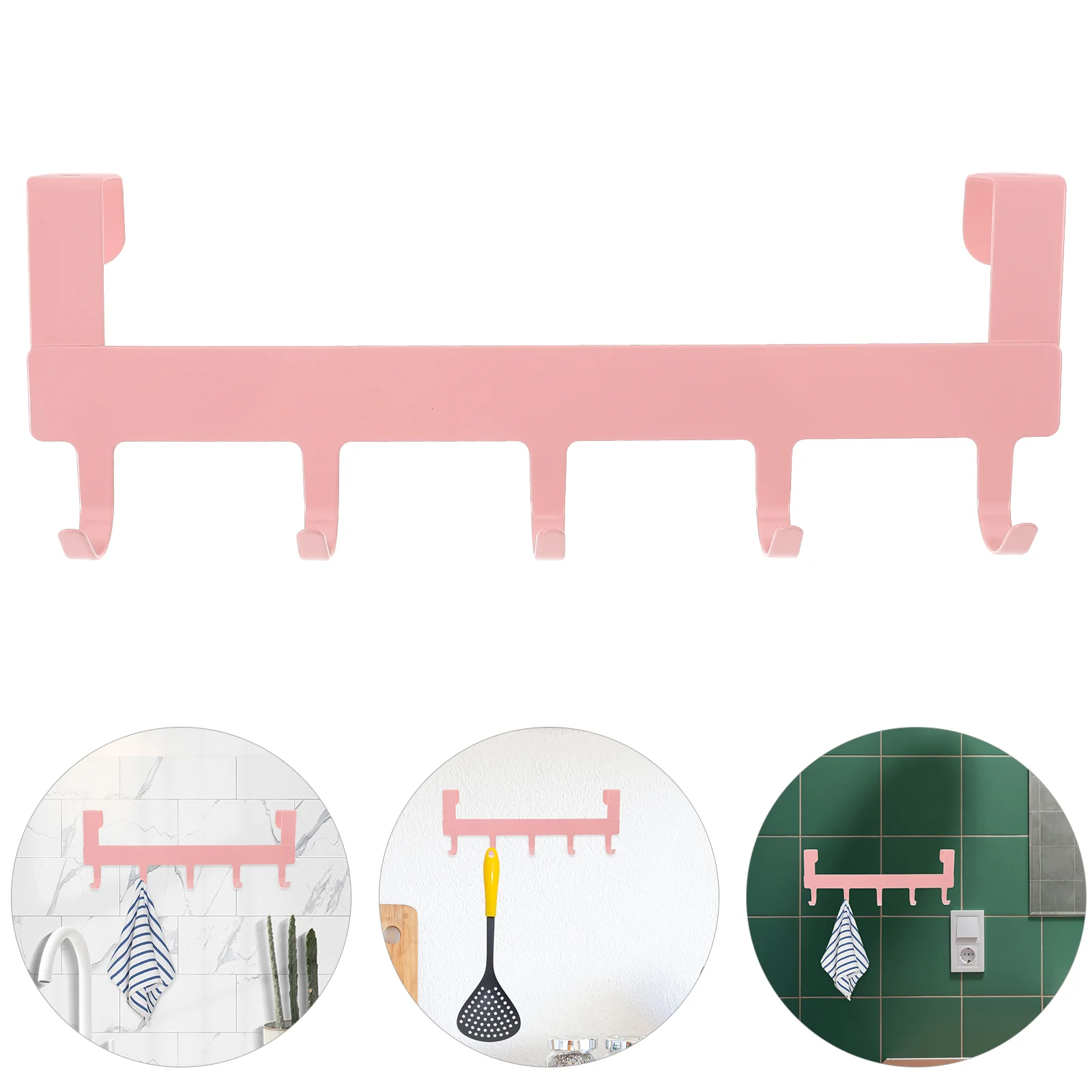 Iron Back Door Hooks 5 Hooks Clothes Keys Rack Punch Free Towel Jewelry Hooks for Bedroom Cabinet Kitchen Pink