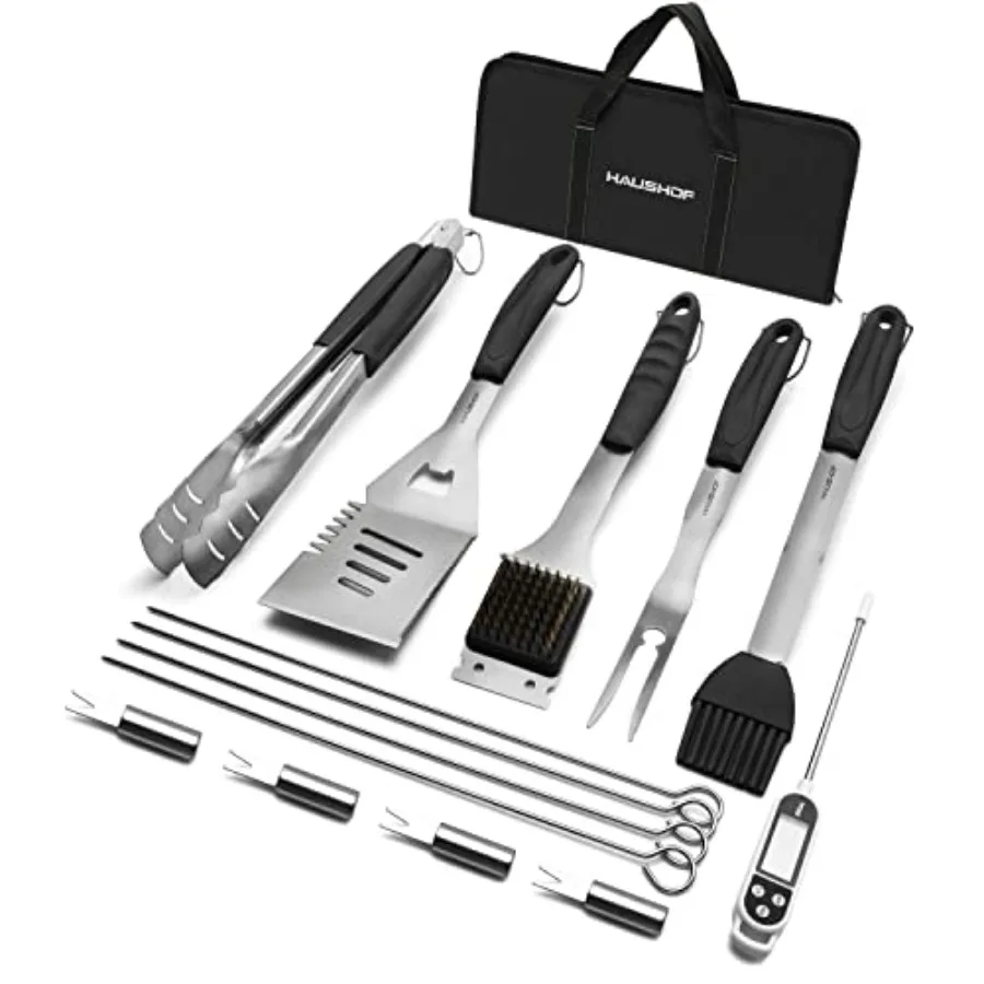 

HAUSHOF Large Grilling Accessories BBQ Grill Set Heavy Duty Stainless Steel Barbecue Utensils with 16-1/2" Spatula Brush Fork T