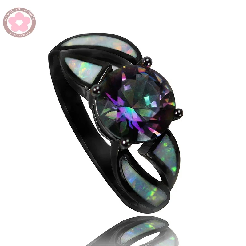 JLR071 Hot Sale 10Kt Plated Black Gold AAA Rainbow Crystal & Fire Opal Rings Fashion Jewelry For  Women Cocktail Ring