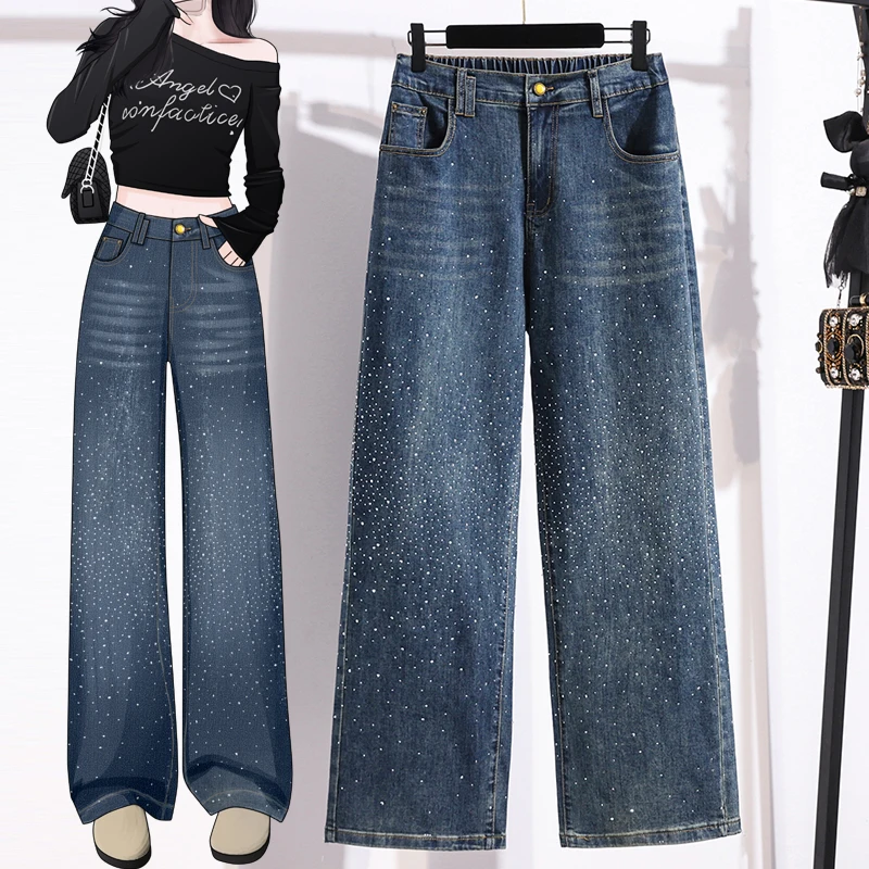 High Waist Straight Leg Denim Jeans Women plus Size Sparkling Rhinestones Slimming Loose Wide Leg Pants Casual Cotton Polyest... view 2