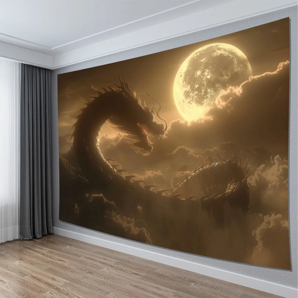 Gobelin z mitologicznym smokiem pod pełnię księżyca: Dramatyczna dekoracja ścienna o tematyce nocnego nieba do wystroju domu