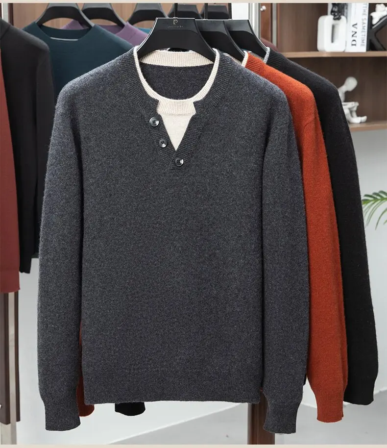Cashmere sweater men's round neck fake two V-neck thick sweaters young and middle-aged winter 100% pure cashmere.