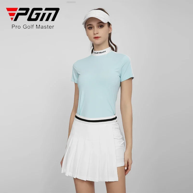 PGM Women Golf T-shirt Ladies Slim Short Sleeve Shirt Women Breathable Patchwork Tops Summer Stand Collar Quick Dry Sportwear