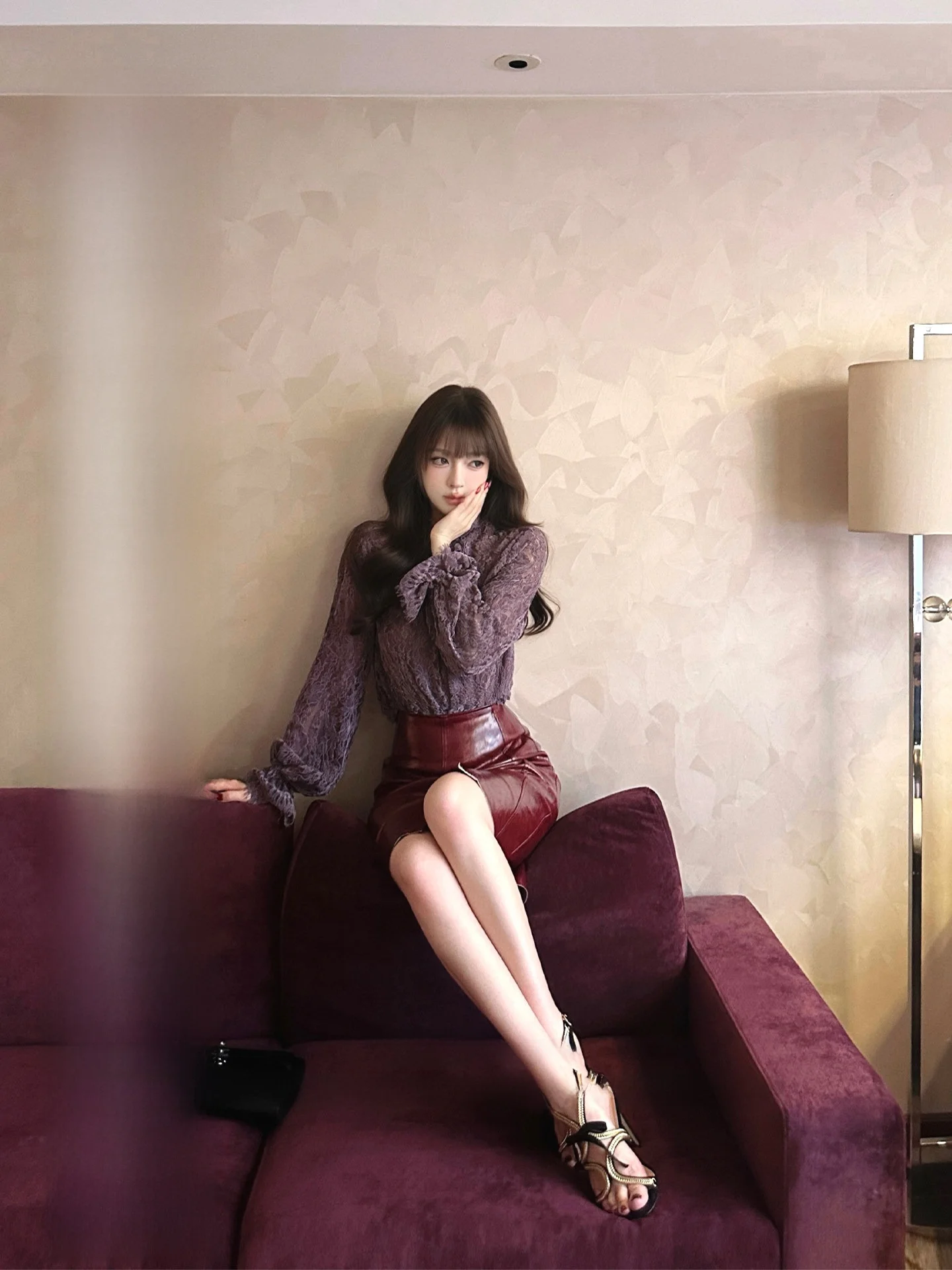 

Roselyn Gentle Mist Purple Elegant Long Sleeve Top Wine Red Leather Skirt Bodycon Skirt Soft Style Four Seasons Fashion Set