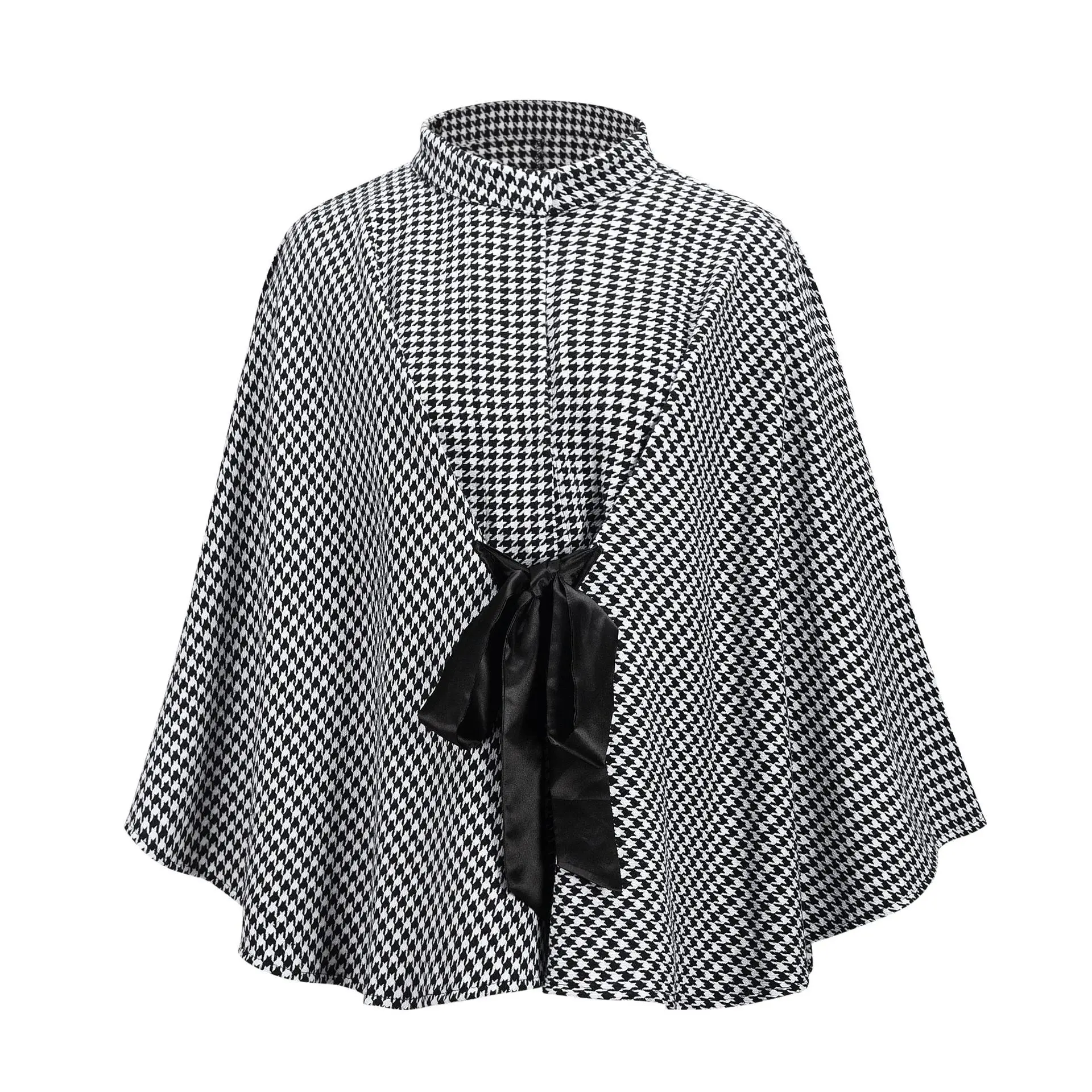 Office Lady Commuter Coat Fashion Houndstooth Print Half-high Collar Lace Up Bat Cape Autumn Winter Elegant Women's Clothing - Image 5