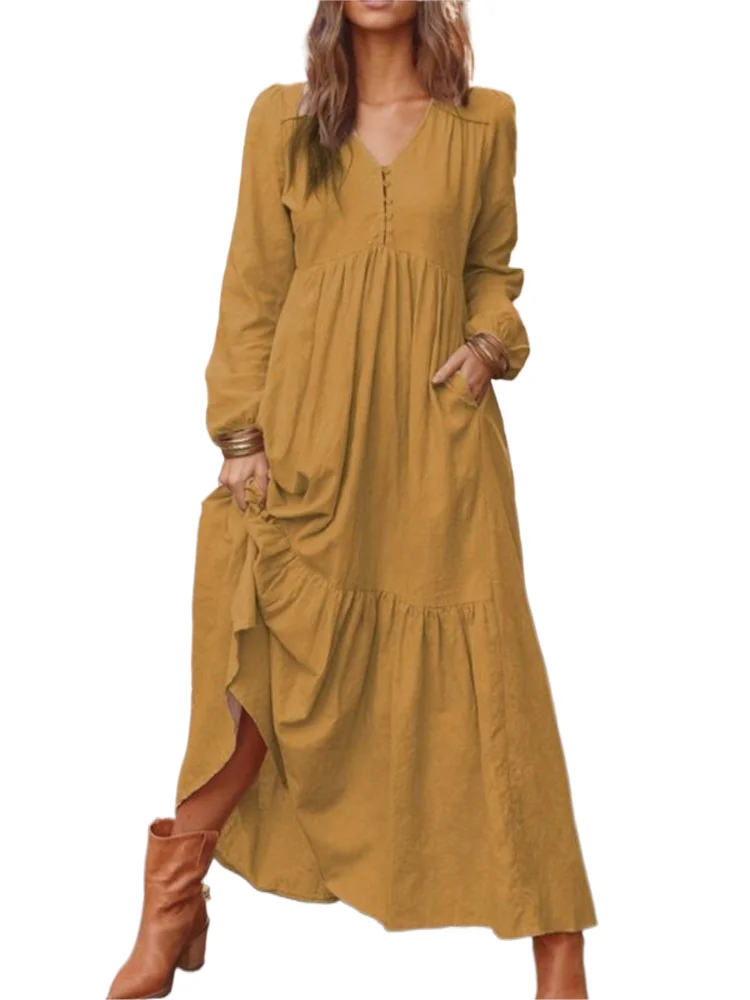 

Dresses For Women Long Dress 2023 New Loose Fashion V-Neck Casual Solid Long Sleeve A-Line Sexy Dresses Elegant Ruffles Vestido