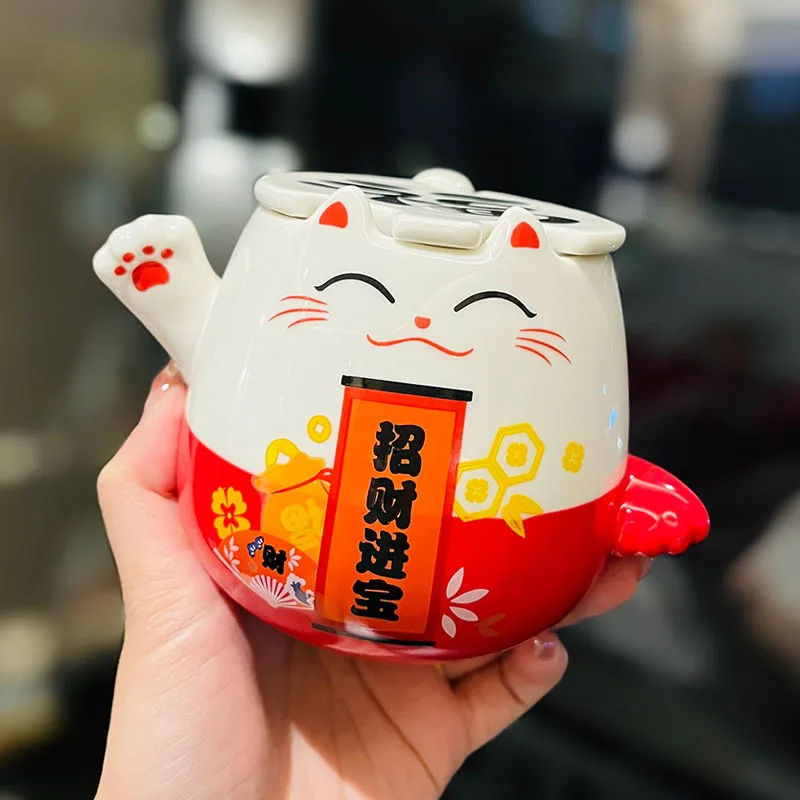 Japanese Ceramic Cute Lucky Cat Coffee Mug with Lid Large Capacity Maneki Neko Breakfast Milk Mug Office Tea Cup Drinkware 450ML