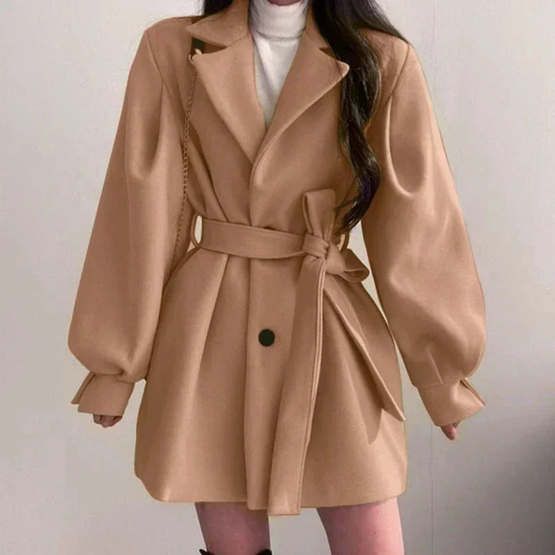 Autumn Winter Elegant Coat Women Casual Warm Mid Length Jacket Slim Pure Color Office Lady Outwear Korean Fashion V1699