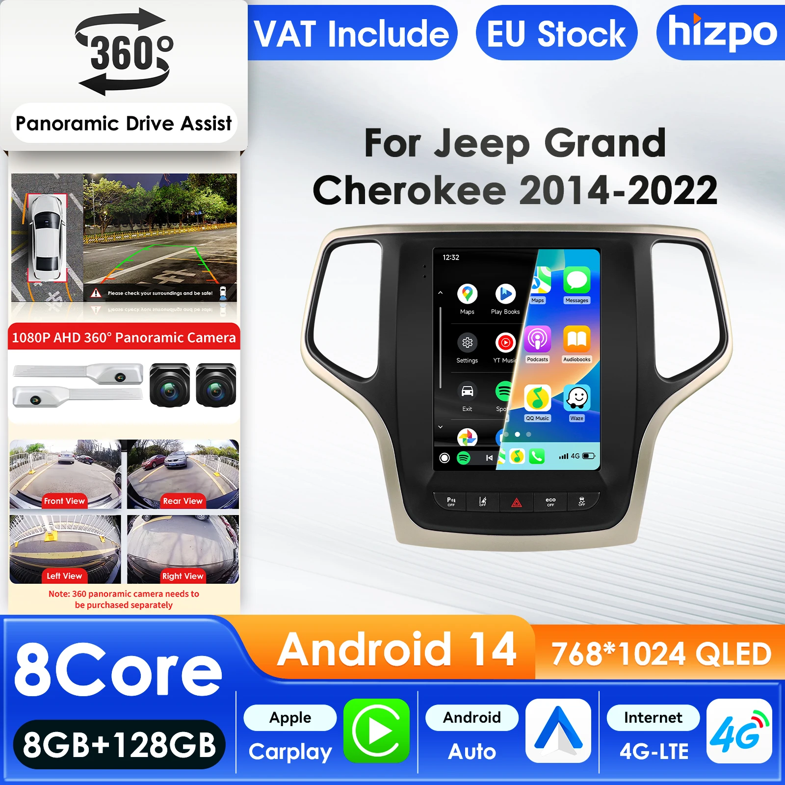 Hizpo 2Din Intelligenter 360-Grad-Kamera Android 14 Auto-Multimedia-Player für Jeep Grand Cherokee 2014-2022 Auto AC GPS Carplay Autoradio 9,7 Zoll Tesla-Stil Intelligenter Bildschirm QLED-Display