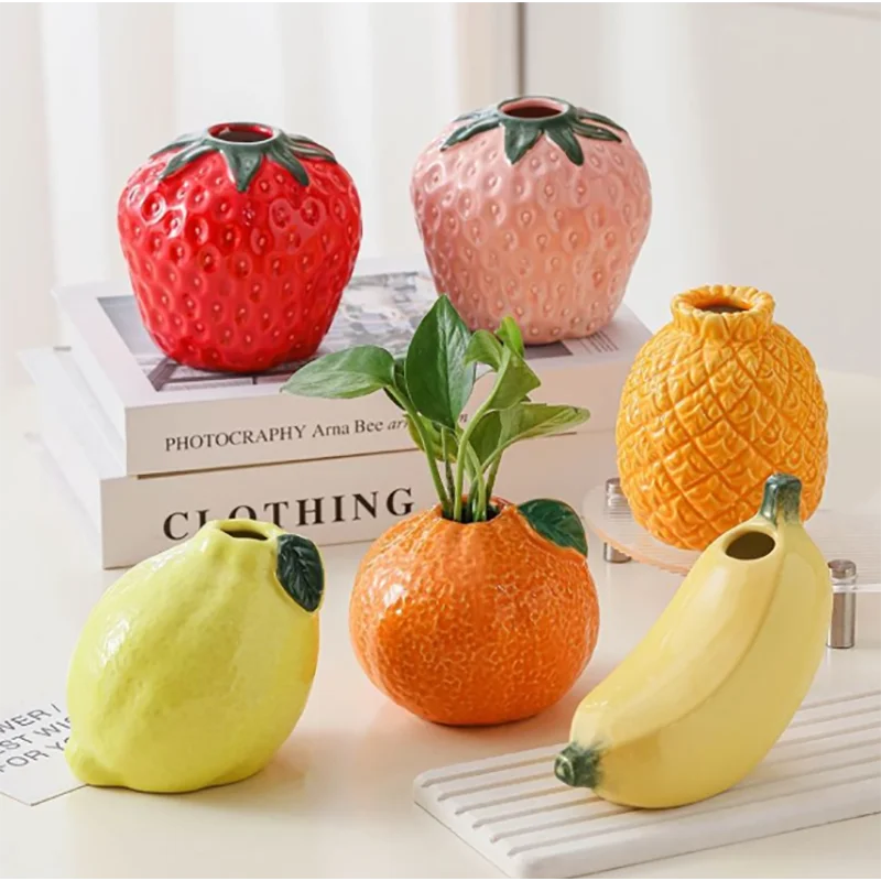Creative Ceramic Strawberry Vase Colorful Cute Orange and Lemon Decor Flower Pot Ceramic Hydroponic Flower Pot for Living Room