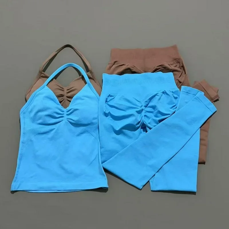 2 قطعة مجموعة رياضية النساء الخطوط الطويلة Strappy ملابس اللياقة البدنية سلس اليوغا مجموعة تجريب Scrunch الصالة الرياضية طماق تشغيل الرياضة مجموعة